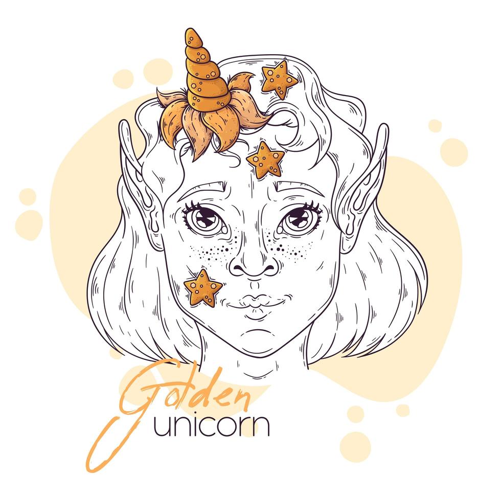 Hand drawn illustration of the girl with a magic unicorn horn Vector. vector