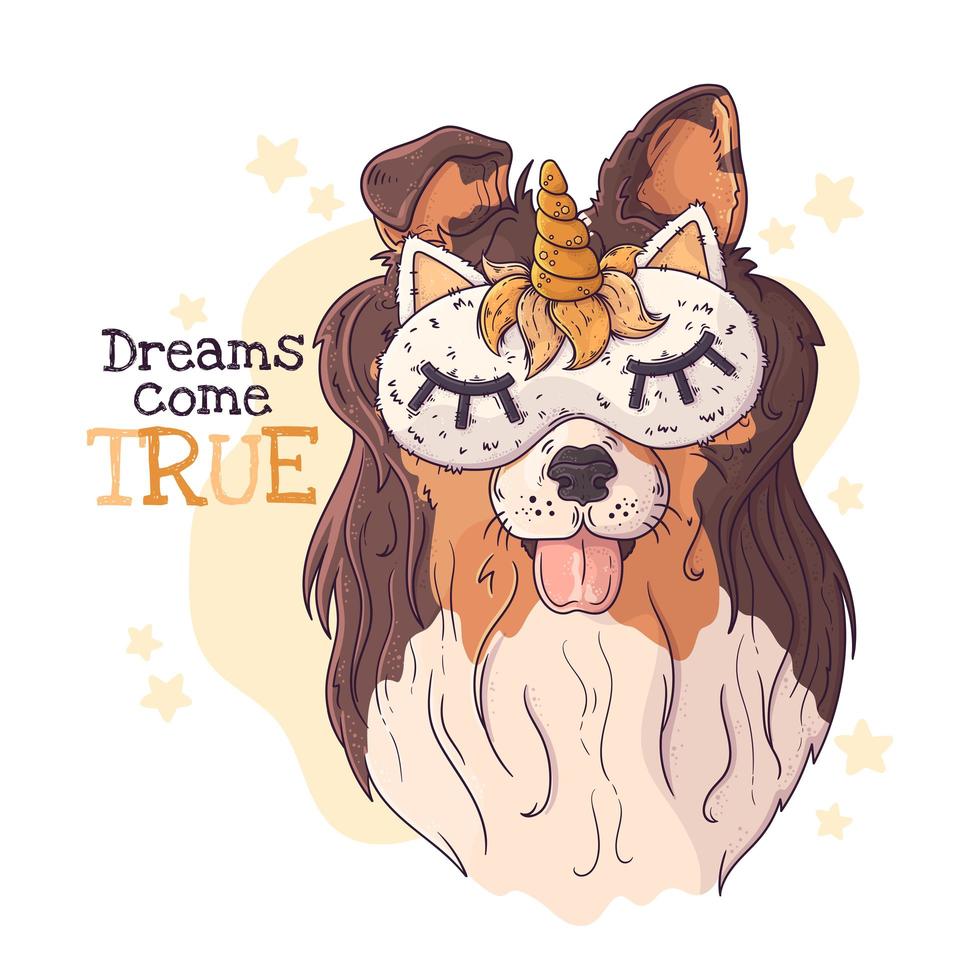 Hand drawn illustration of the cute collie in a night mask. Vector. vector