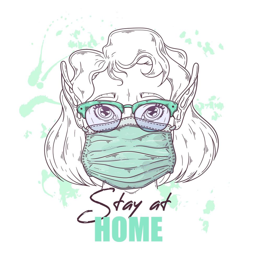 Hand drawn illustration of the cute girl in a medical mask Vector. vector