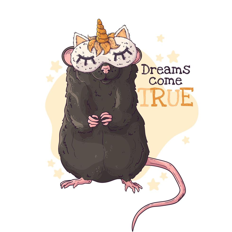 Hand drawn illustration of the rat in a night mask with a horn Vector. vector