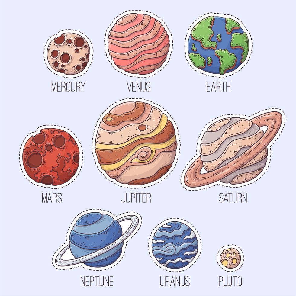 Ilustración de vector de colección de pegatinas de planetas dibujados a mano.