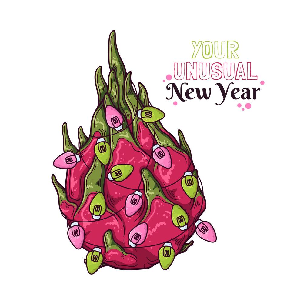 La fruta del dragón dibujada a mano vectorial está decorada con linternas de año nuevo. vector