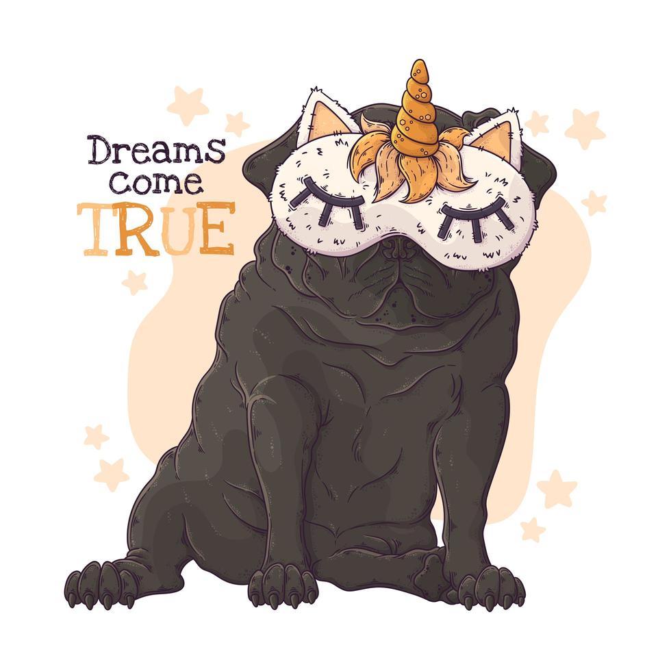 Hand drawn portrait of the funny pug dog in a night mask Vector. vector