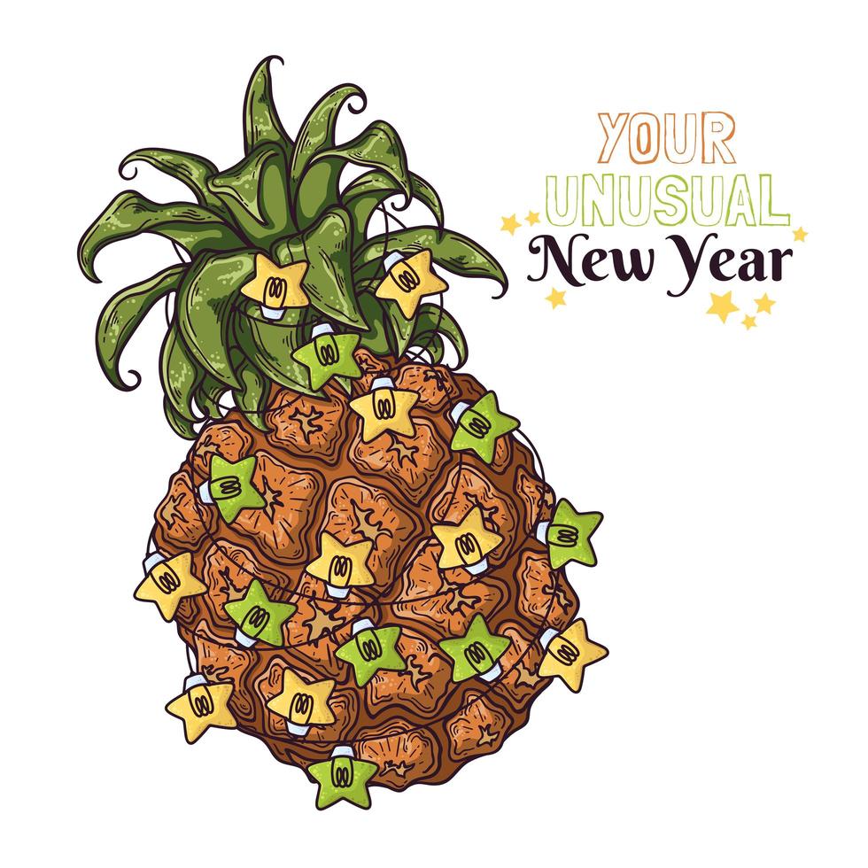 Vector hand drawn pineapple are decorated with New Year's lanterns.