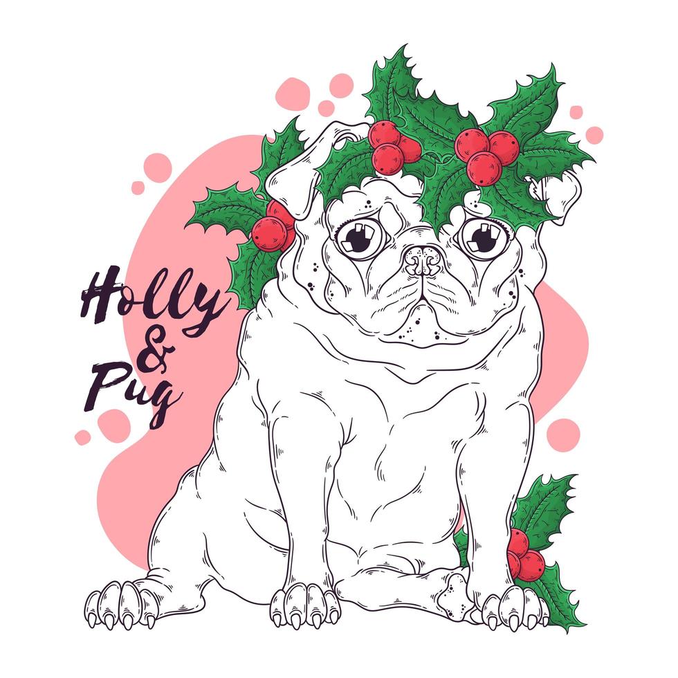 Hand drawn portrait of Christmas pug dog Vector. vector