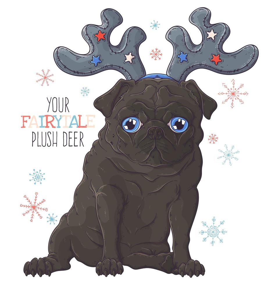 Retrato dibujado a mano de vector de perro pug de Navidad.