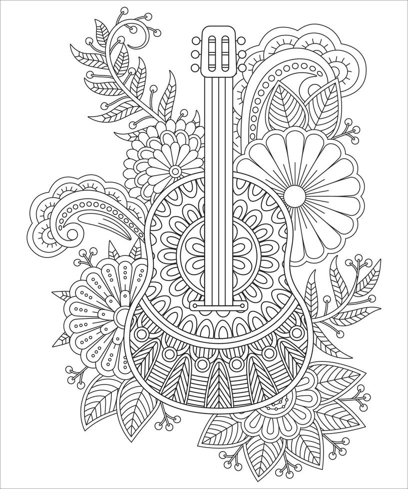 Guitar coloring page with ornaments and stylized flowers vector