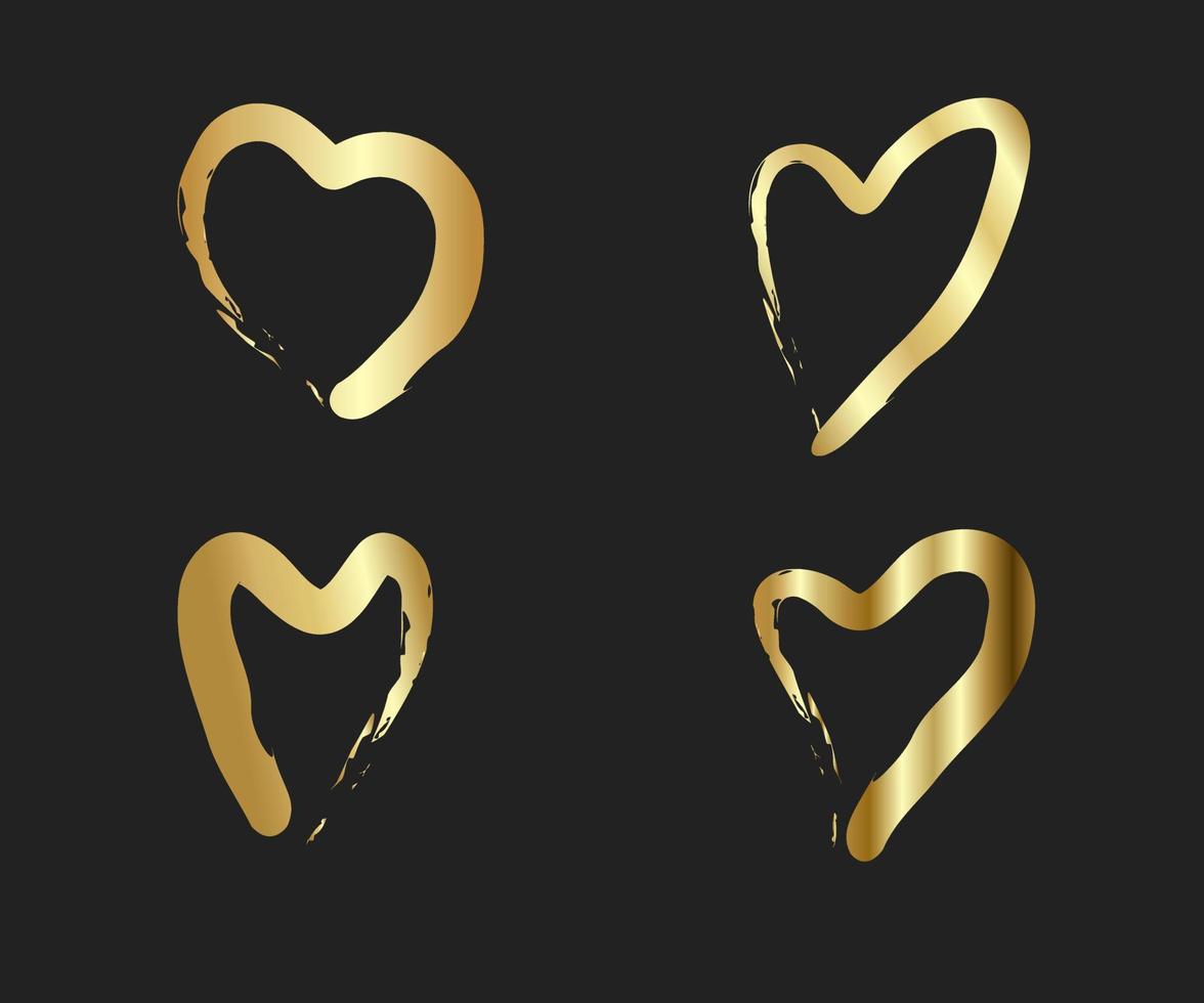 corazones de oro. pinceles de corazones dibujados a mano. forma de corazón pintado a mano. símbolo del amor tarjetas de boda del día de san valentín. ilustración vectorial vector