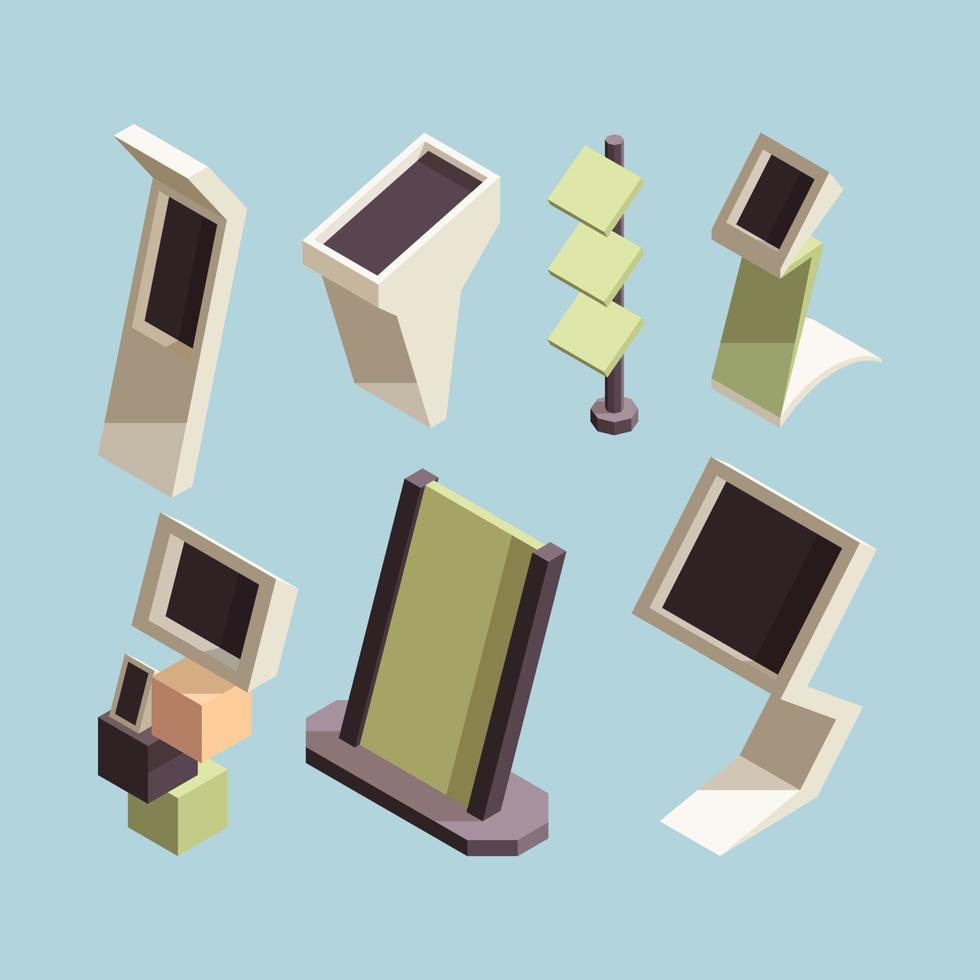 Exhibition stand advertising market shelves desks isometric collection