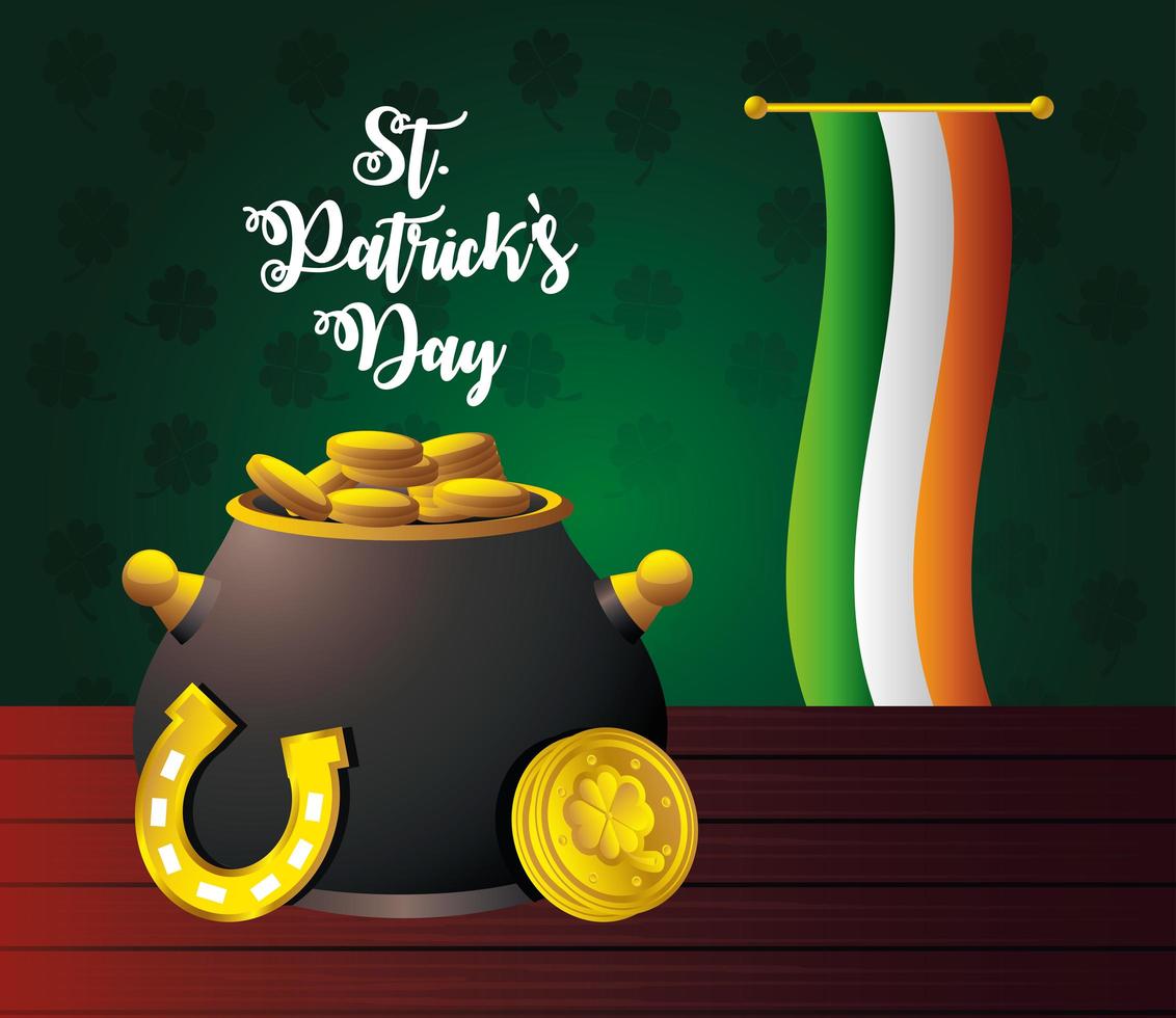 Caldero del día de San Patricio con monedas de herradura y tarjeta de bandera irlandesa vector