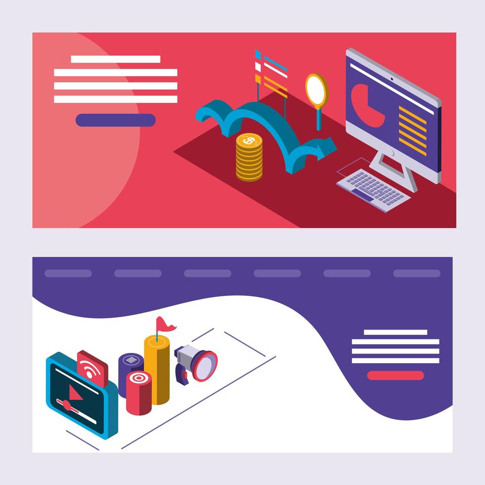 digital solutions, business computer financial and marketing advertising isometric vector