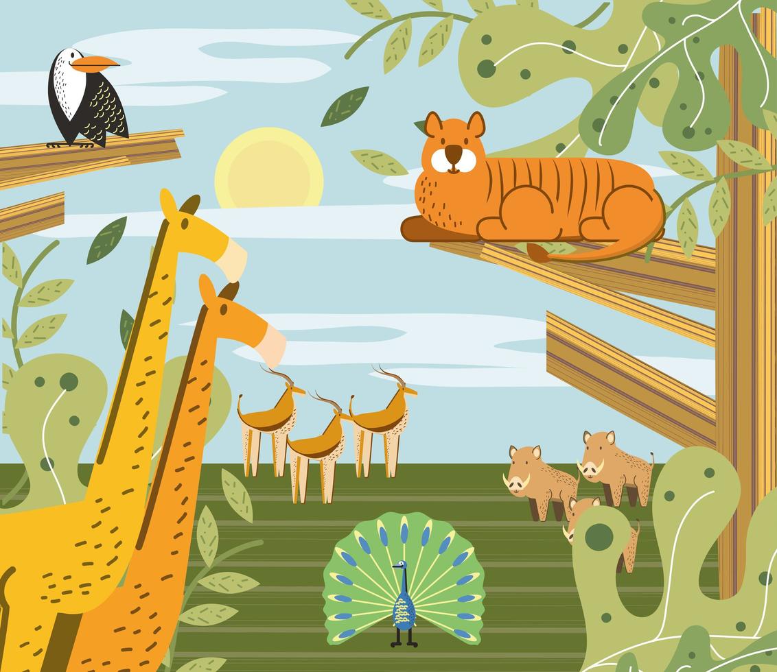 animales de la selva en la sabana naturaleza paisaje dibujos animados  3729495 Vector en Vecteezy