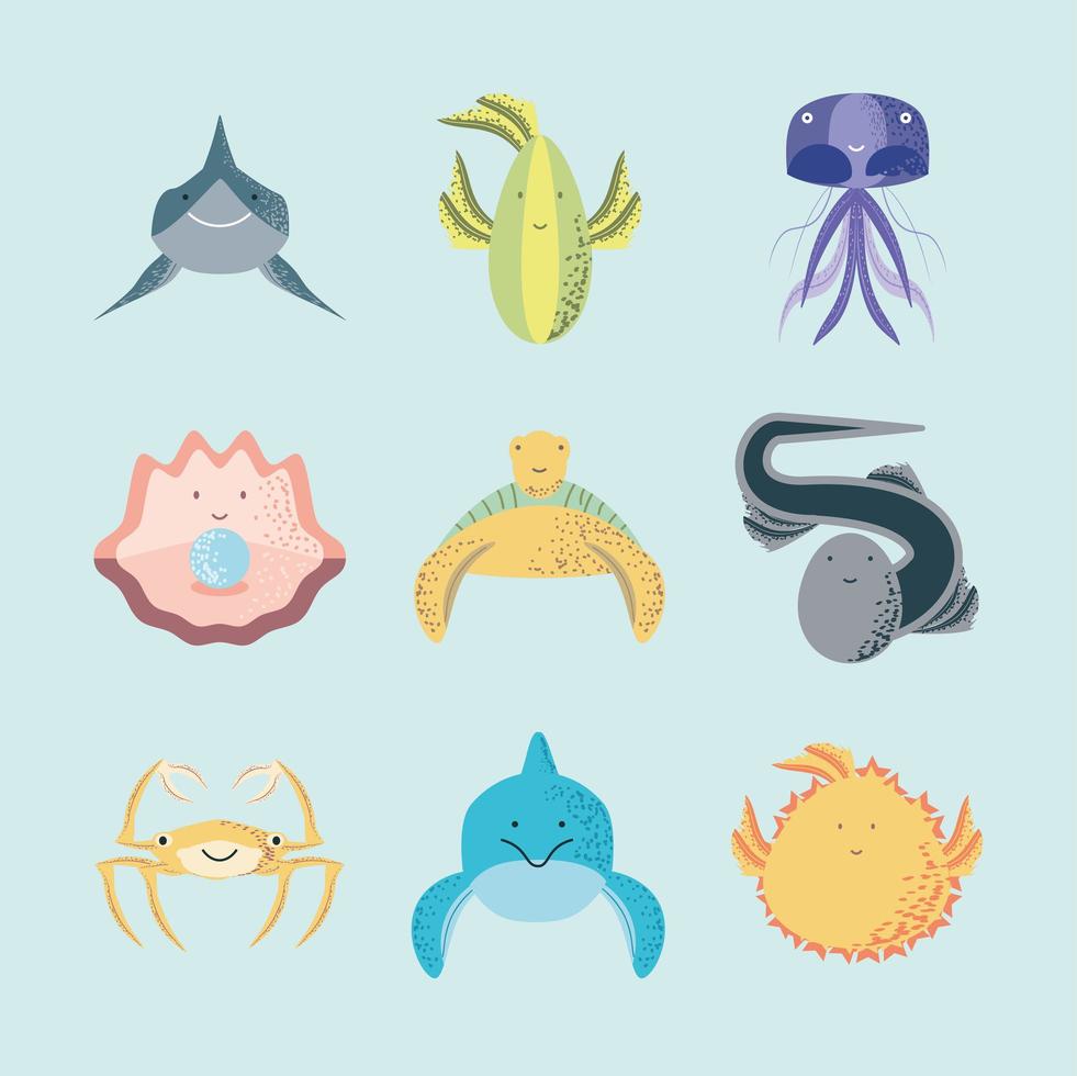 underwater world sea life icon set jellyfish shark seashell eel vector