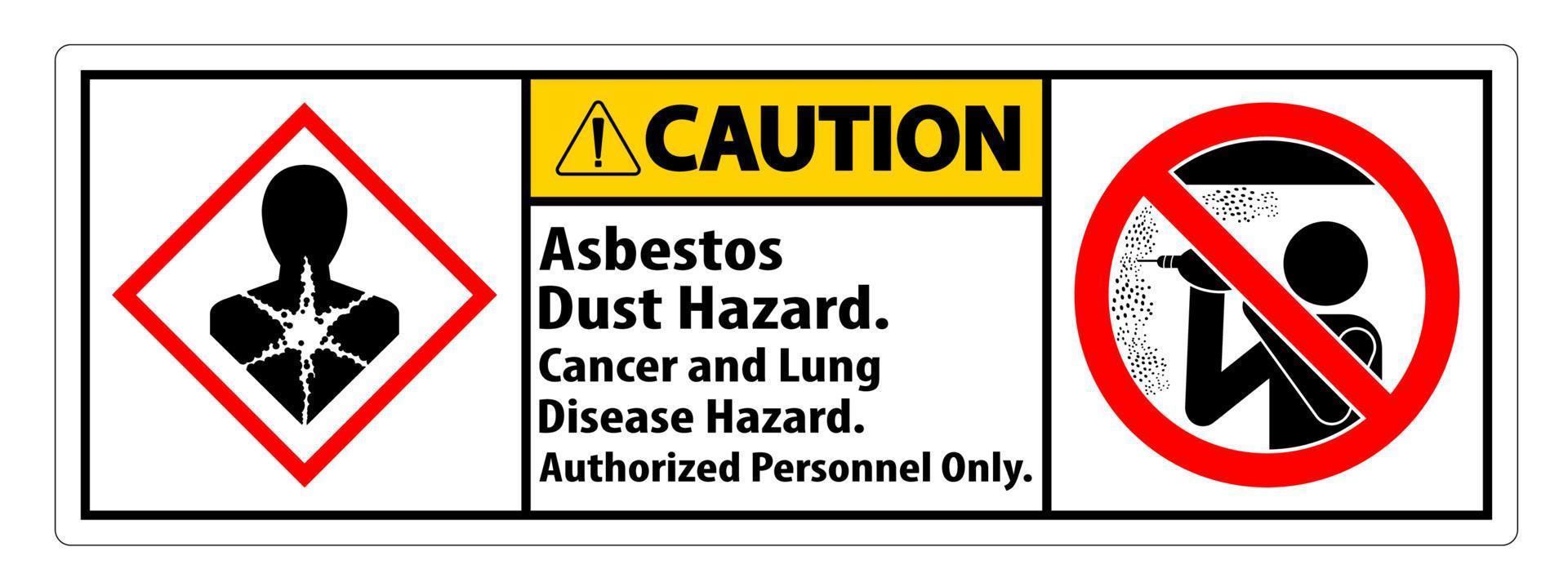 precaución etiqueta de seguridad, peligro de polvo de asbesto, cáncer y peligro de enfermedad pulmonar solo personal autorizado vector