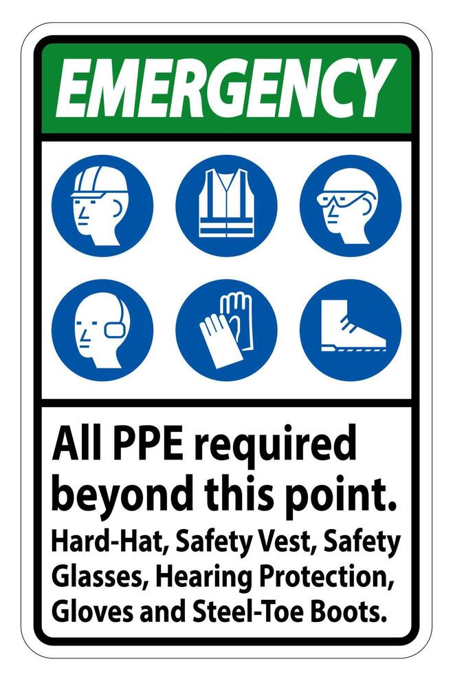 Emergency PPE Required Beyond This Point. Hard Hat, Safety Vest, Safety Glasses, Hearing Protection vector