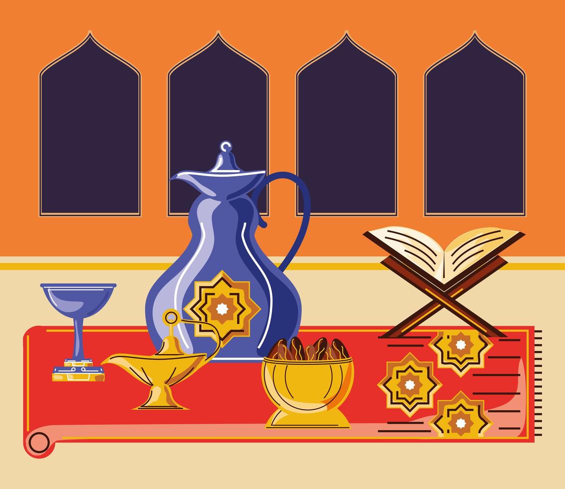 celebración de Ramadán árabe con linterna de comida de tetera de libro de Corán vector