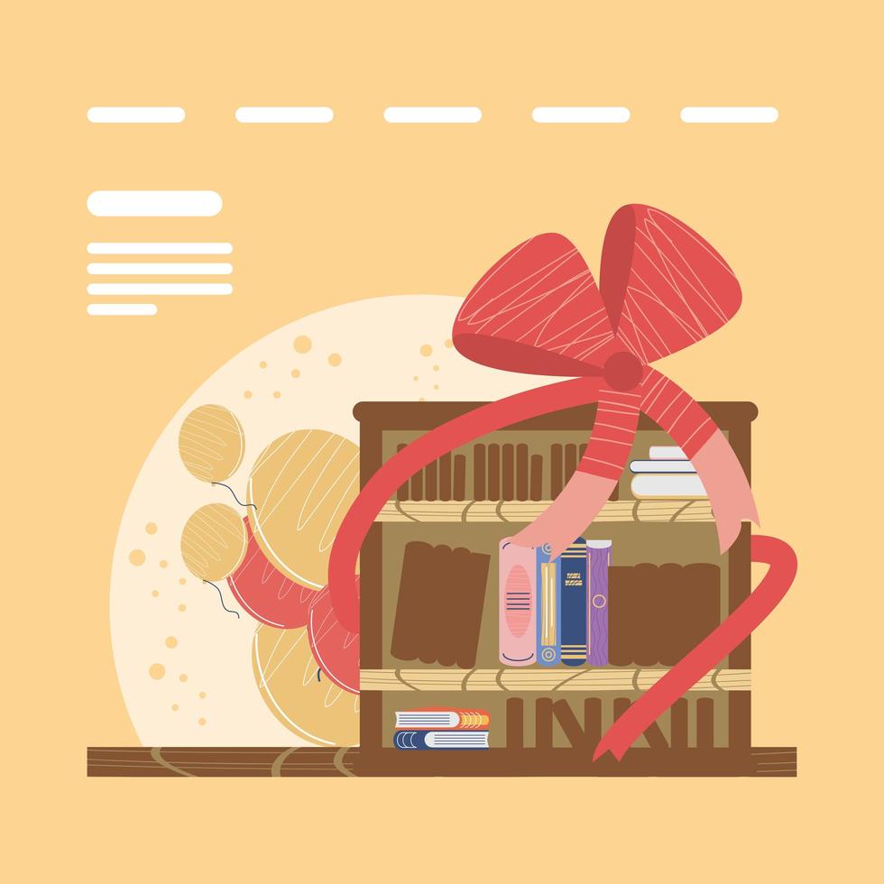 bookshelf with books ribbon and balloons cartoon vector