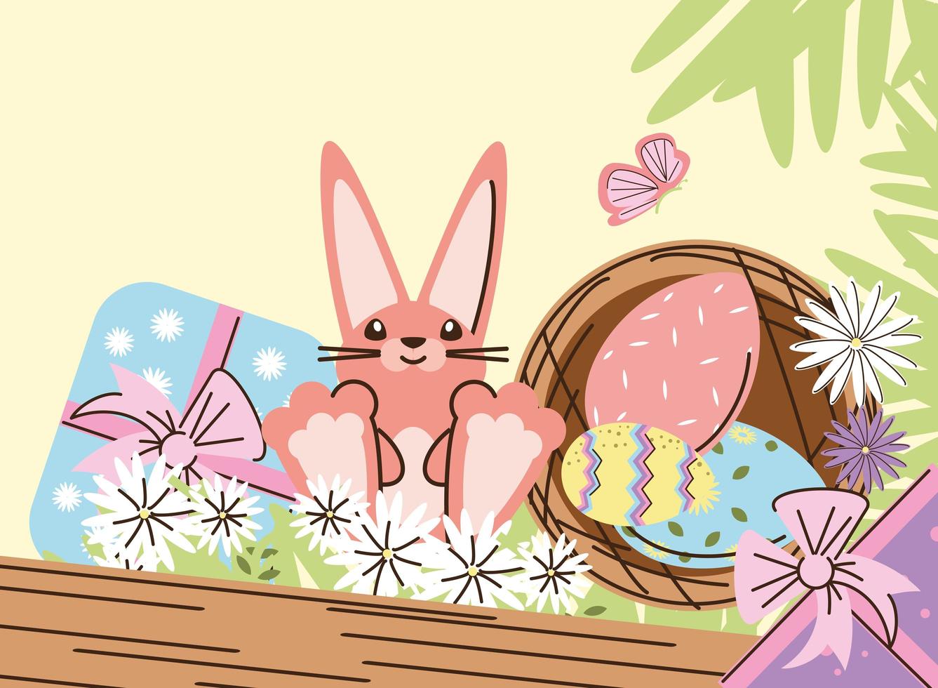 easter rabbit sitting with eggs flowers gift basket and flowers vector