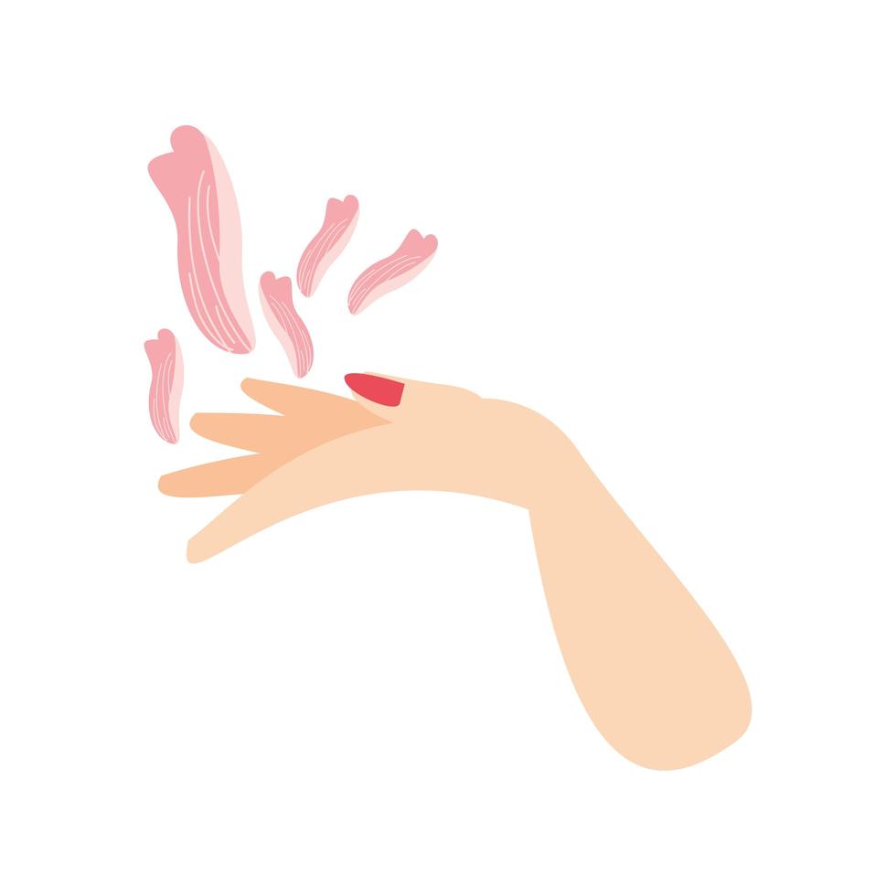 mano femenina con pétalos en estilo de dibujos animados fondo blanco vector