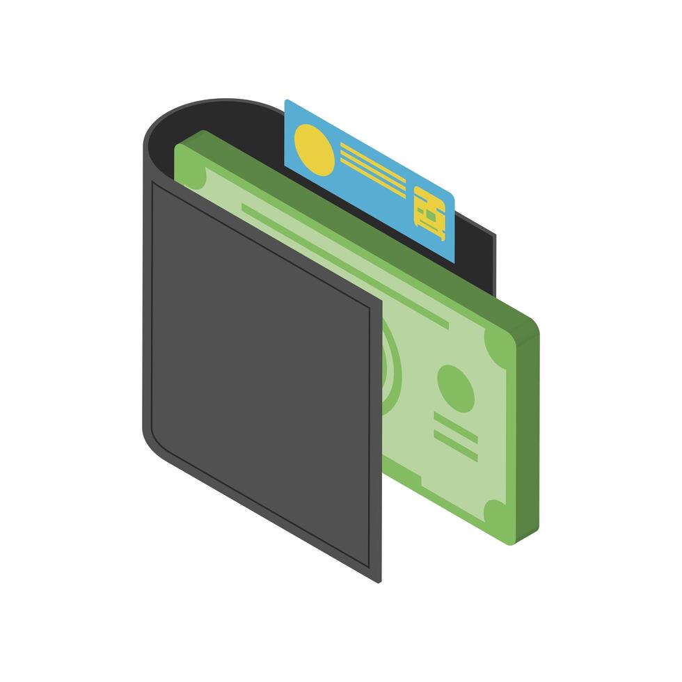 wallet banknotes and bank card money icon isometric style vector