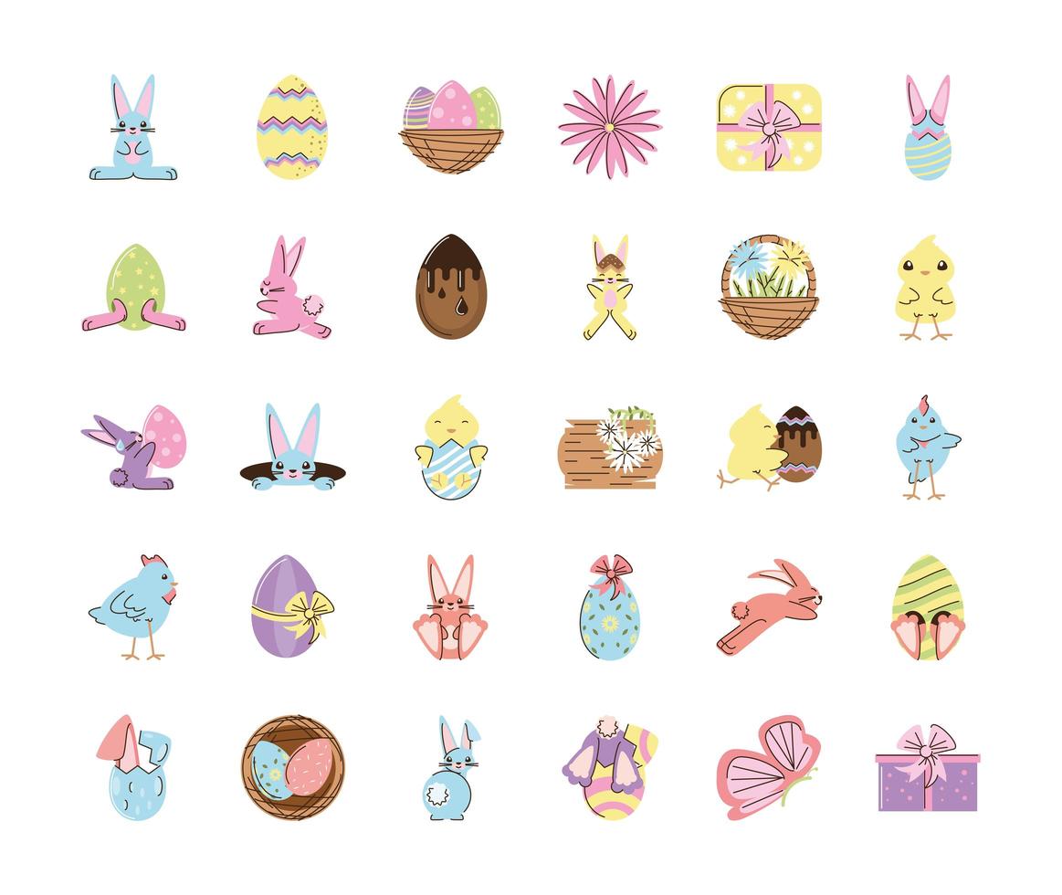 set easter rabbits eggs chicken flower basket gifts and butterfly icons vector