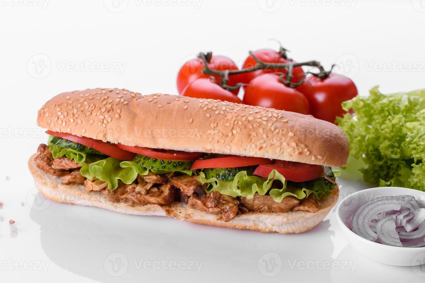Delicious fresh sandwich grill with a bun, cheese and meat photo