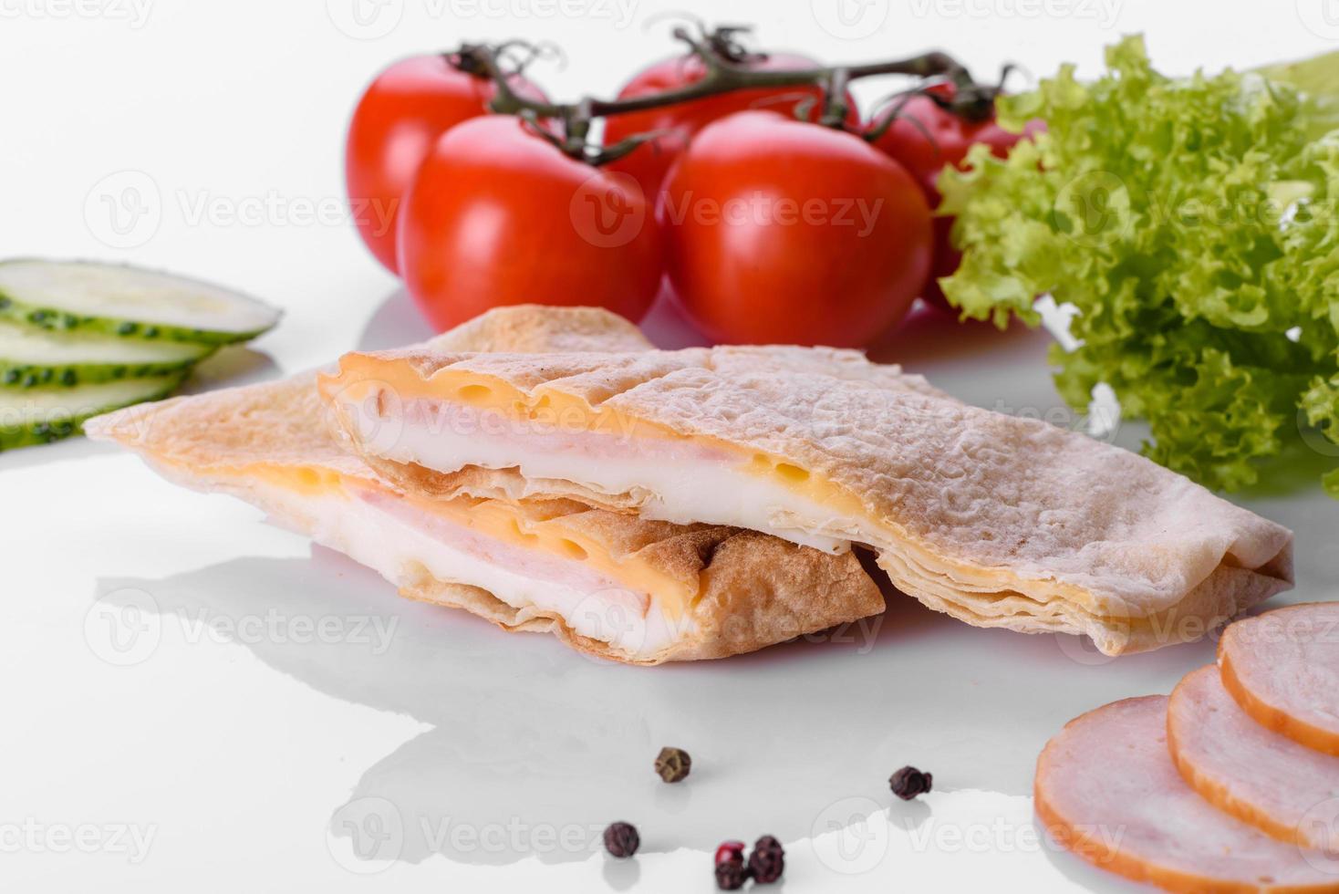 Delicious fresh sandwich grill with pita, cheese and meat photo