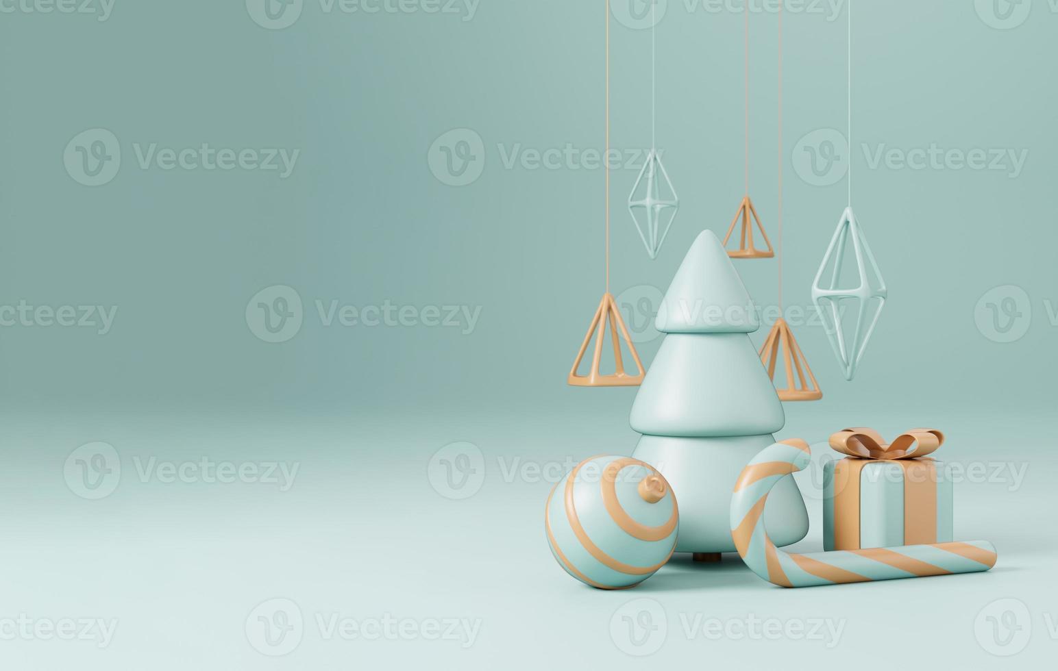 Árbol de Navidad 3D con caja de regalo roja y fondo verde bola, cartel de Navidad, banner web. Ilustración de render 3d estilo minimalista concepto de navidad y año nuevo foto