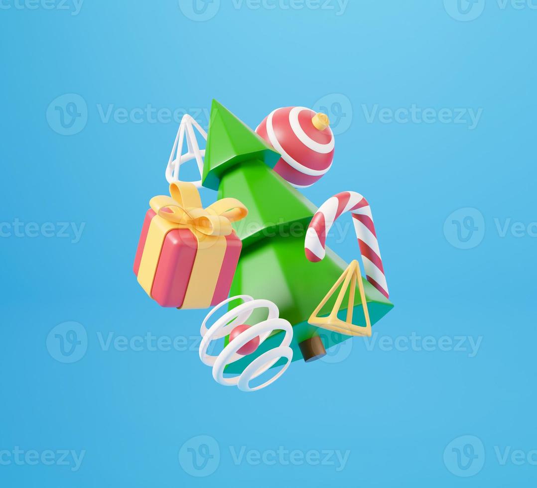 diseño 3d de año nuevo y navidad. caja de regalos realista, abeto de Navidad, bola, dulces y elementos decorativos banner navideño. 3d render de la imagen de vacaciones de navidad foto