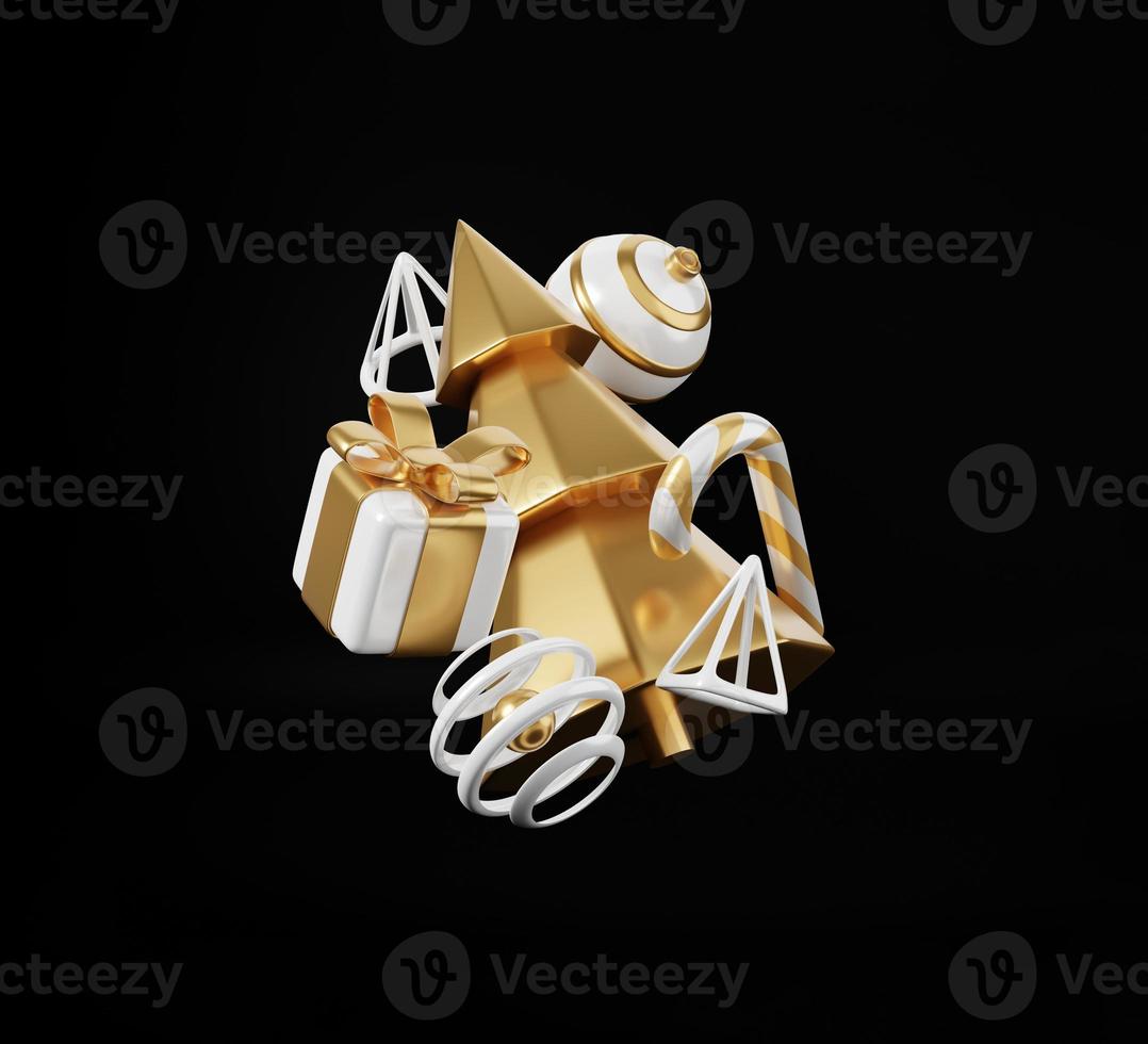 Luxury christmas 3d render banner or greeting card. Modern Minimal New year and Christmas gold and black Decoration with tree, candy, ball, gift box on black background photo