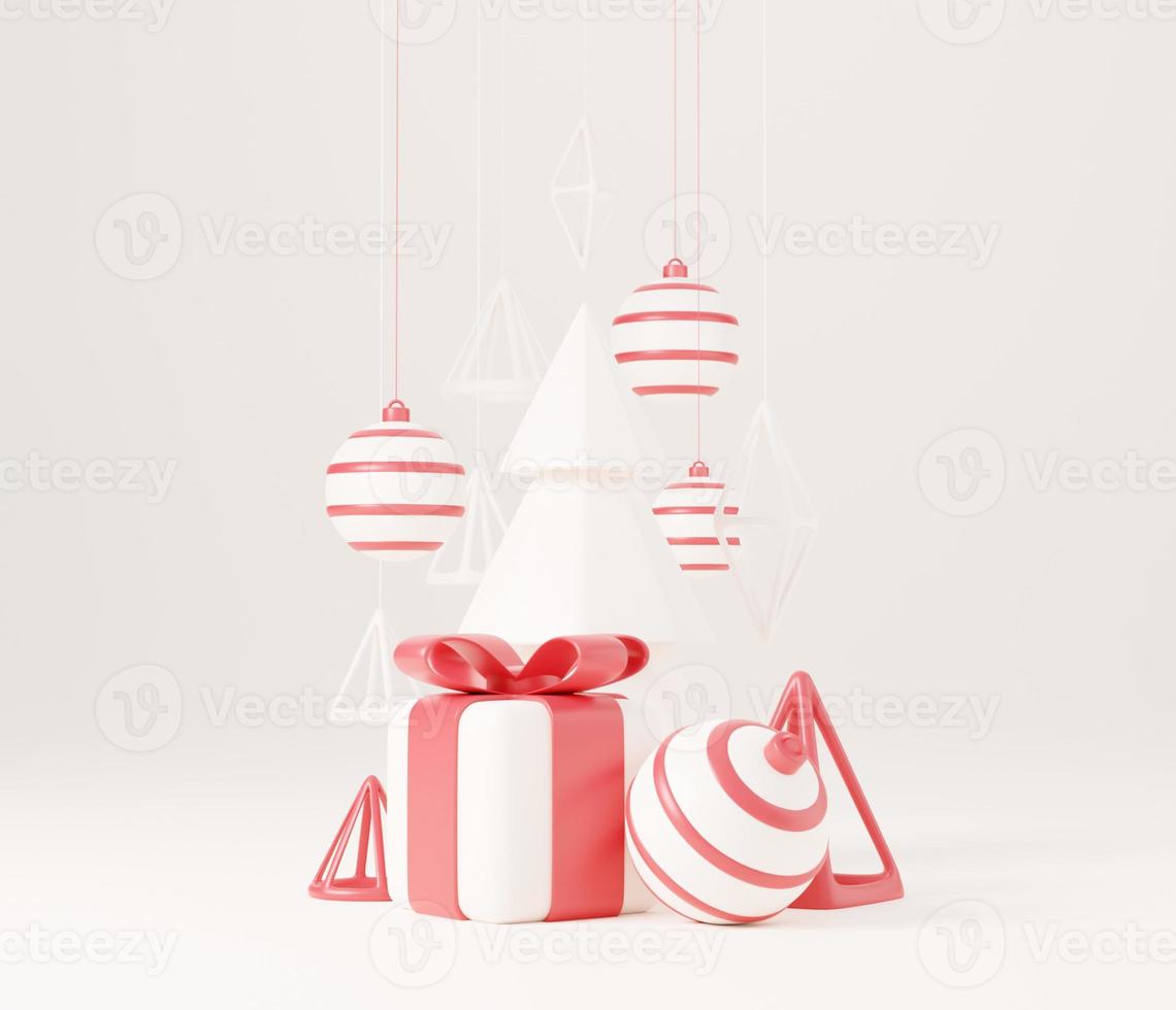 3d Christmas tree with red gift box and ball white background, xmas poster, web banner. 3d render illustration minimal style christmas and new year concept photo