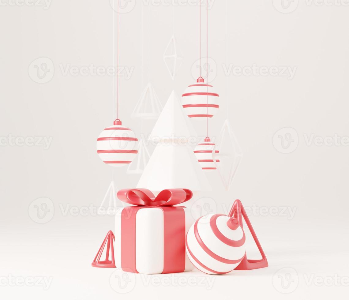 Árbol de Navidad 3D con caja de regalo roja y fondo blanco de bola, cartel de Navidad, banner web. Ilustración de render 3d estilo minimalista concepto de navidad y año nuevo foto