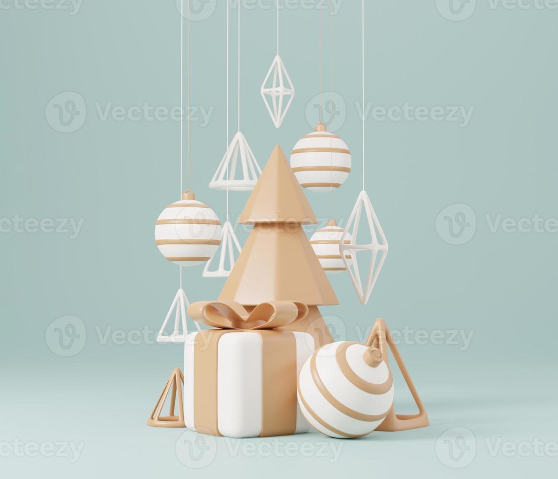3d Christmas tree with red gift box and ball green background, xmas poster, web banner. 3d render illustration minimal style christmas and new year concept photo