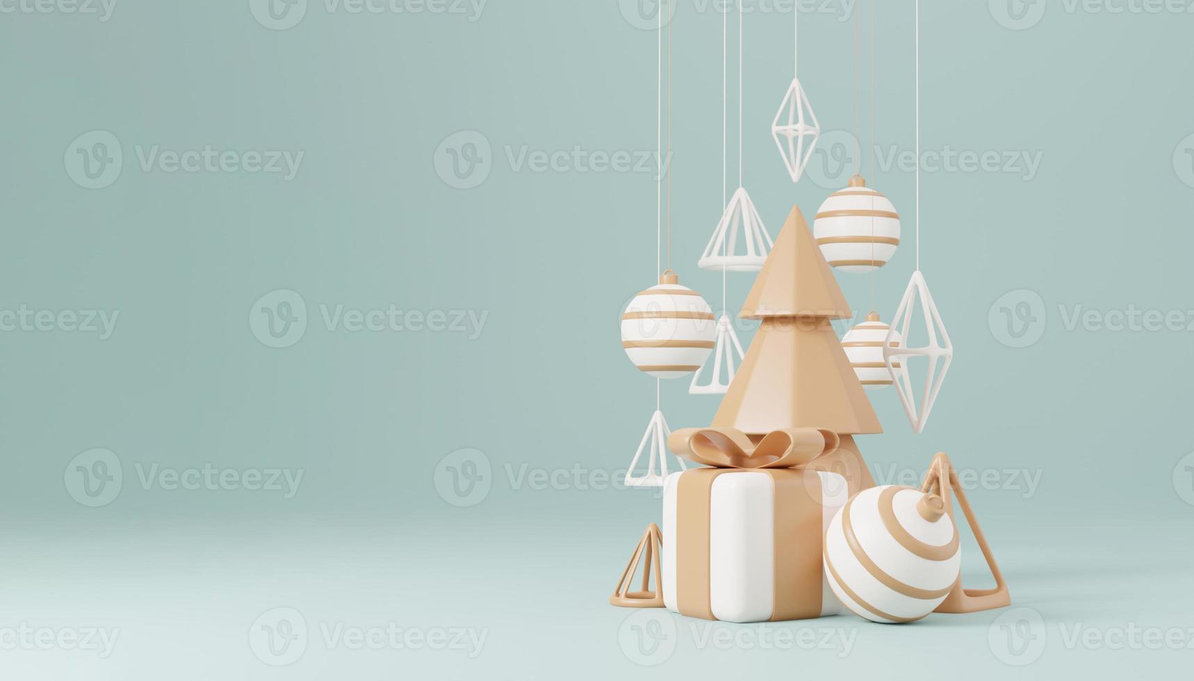 3d Christmas tree with red gift box and ball green background, xmas poster, web banner. 3d render illustration minimal style christmas and new year concept photo