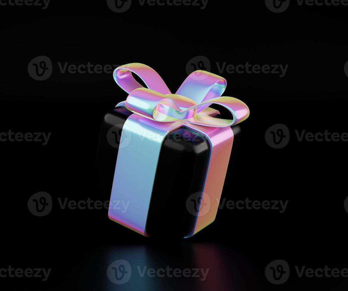 caja de regalo holográfica de navidad. concepto de descuento creativo, oferta de obsequio festivo, ilustración de ventas navideñas, cajas de regalo holográficas que caen, ilustración de render 3d. banner de regalo mínimo presente foto