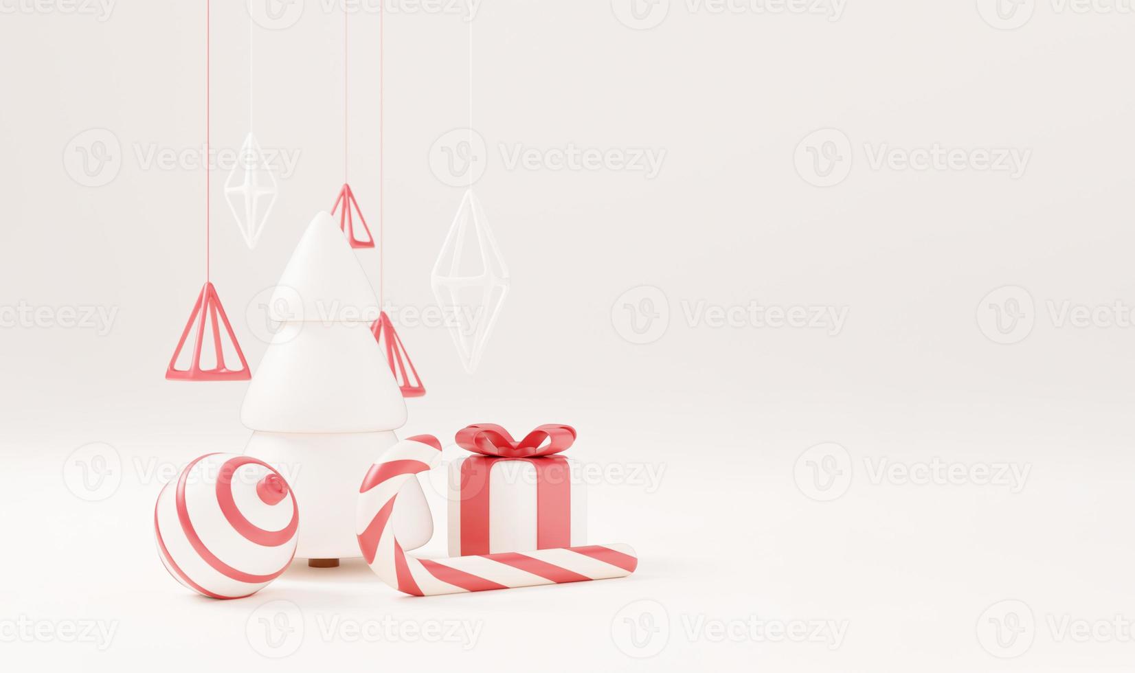 3d Christmas tree with red gift box and ball white background, xmas poster, web banner. 3d render illustration minimal style christmas and new year concept photo