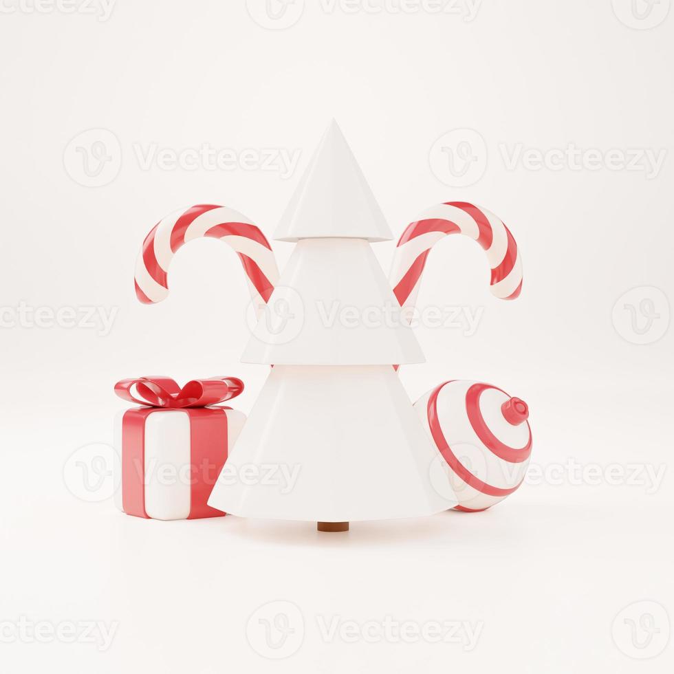 Árbol de Navidad 3D con caja de regalo roja y fondo blanco de bola, cartel de Navidad, banner web. Ilustración de render 3d estilo minimalista concepto de navidad y año nuevo foto