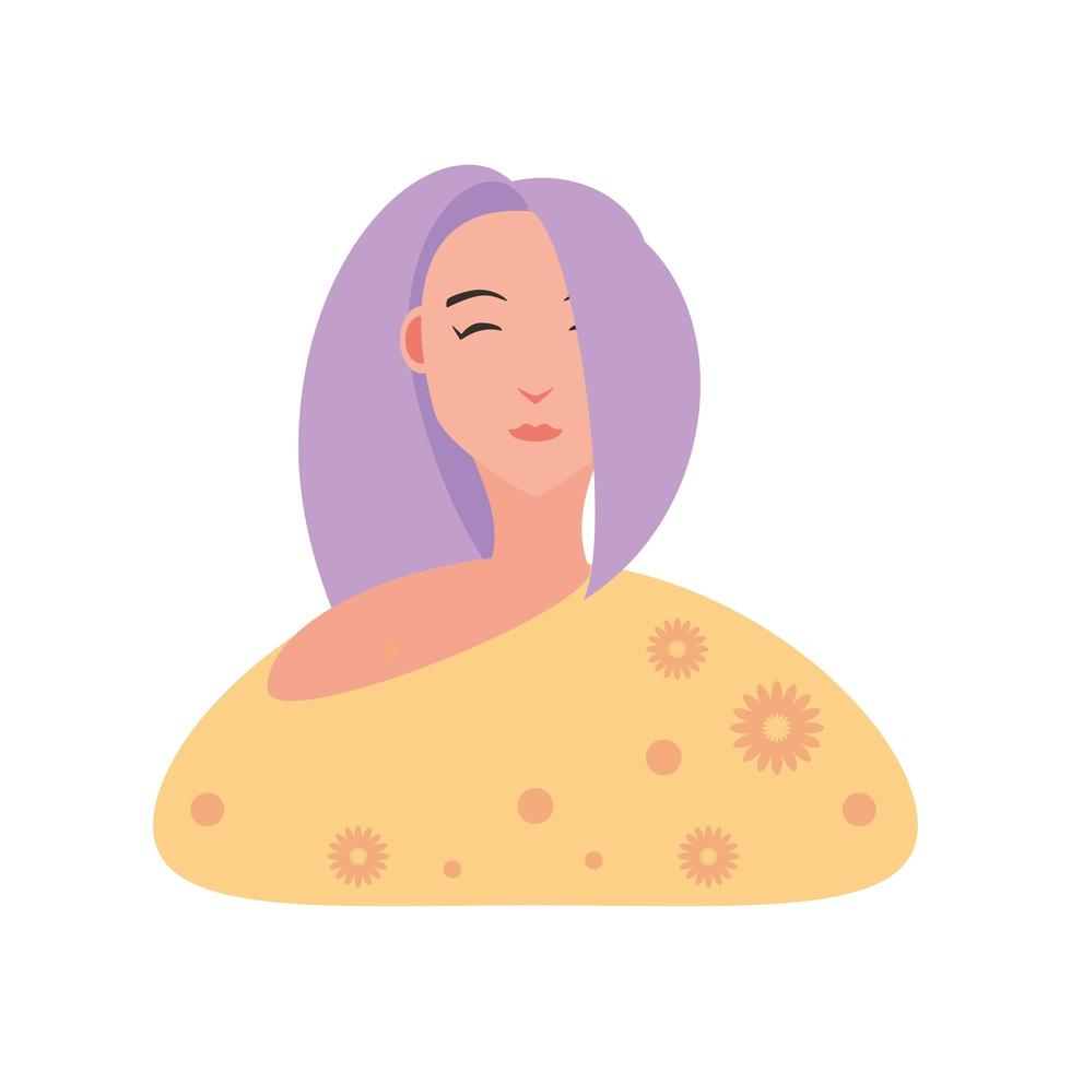 mujer joven con cabello morado en estilo de dibujos animados fondo blanco vector