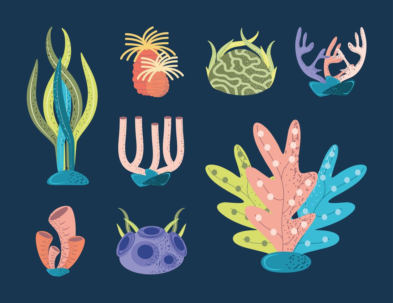 mundo submarino, vida marina, arrecife de coral, piedras, conjunto de iconos vector