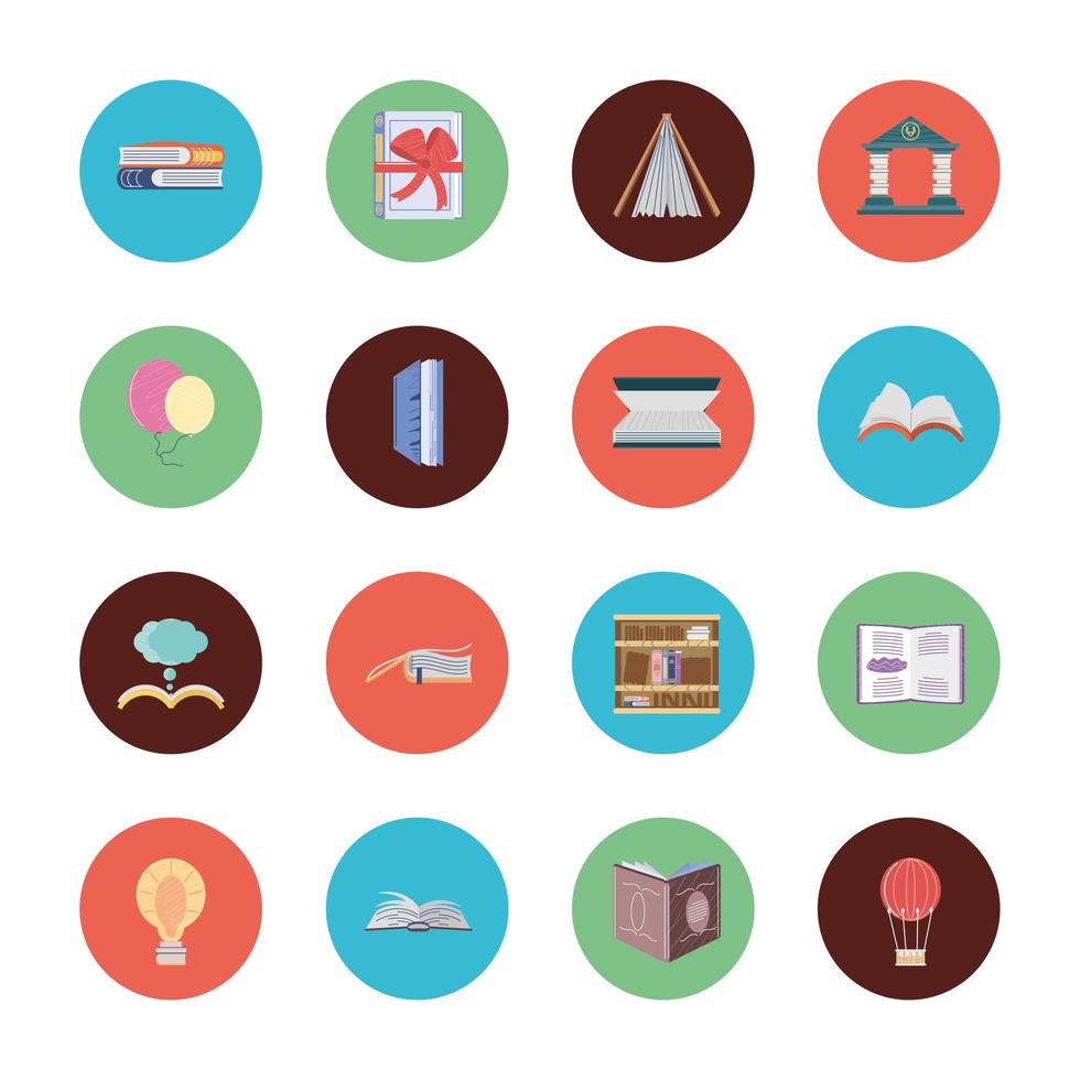 set book, different books education and literature round icons vector
