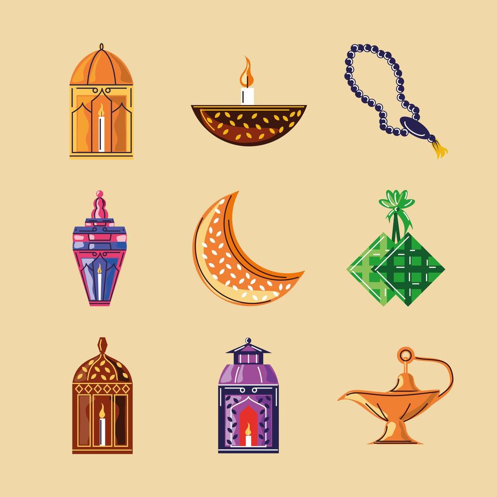 set ramadan arabic islamic celebration icons vector