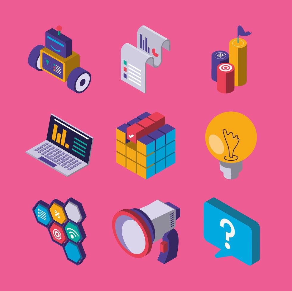 set digital solutions marketing advertising chart data laptop vector