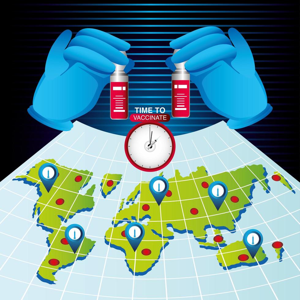 tiempo mundial de vacunación para vacunar, mapa y manos con vial covid 19 coronavirus vector