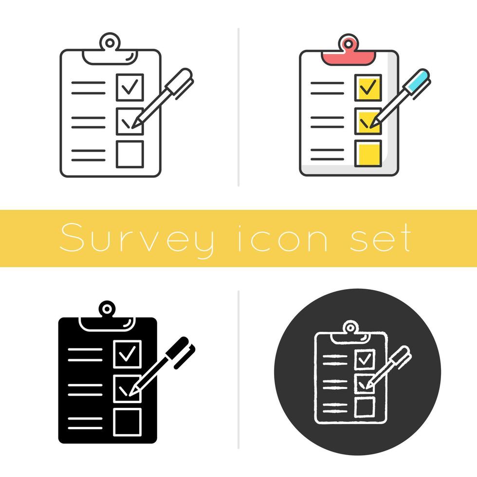 Survey questionnaire form icon. Checklist. Customer service rating, review. Feedback. Evaluation. Social research. Glyph design, linear, chalk and color styles. Isolated vector illustrations