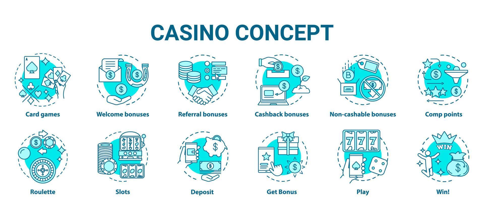 Casino concept icons set. Online games of chance and bonuses idea thin line illustrations. Slot machines, card games, roulette. Gambling. Vector isolated outline drawings pack. Editable stroke