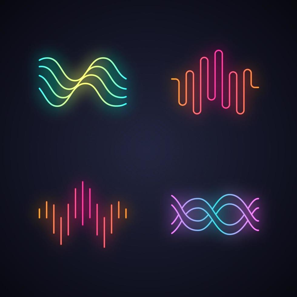 Sound waves neon light icons set. Glowing signs. Audio waves. Sound, voice recording. Music rhythm logotype. Soundwave, digital waveform frequency. Dj track playing. Vector isolated illustrations