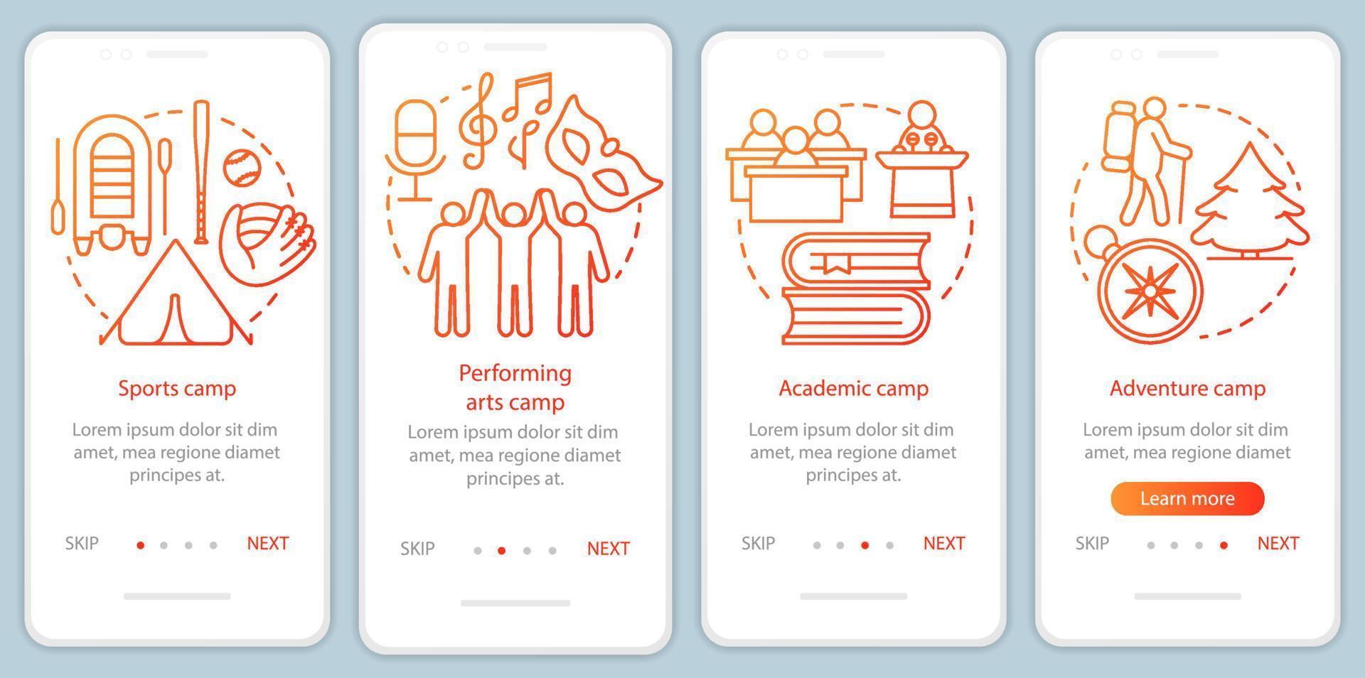 Interest, hobby camps onboarding mobile app page screen vector template. Talent club, community. Walkthrough website steps with linear illustrations. UX, UI, GUI smartphone interface concept