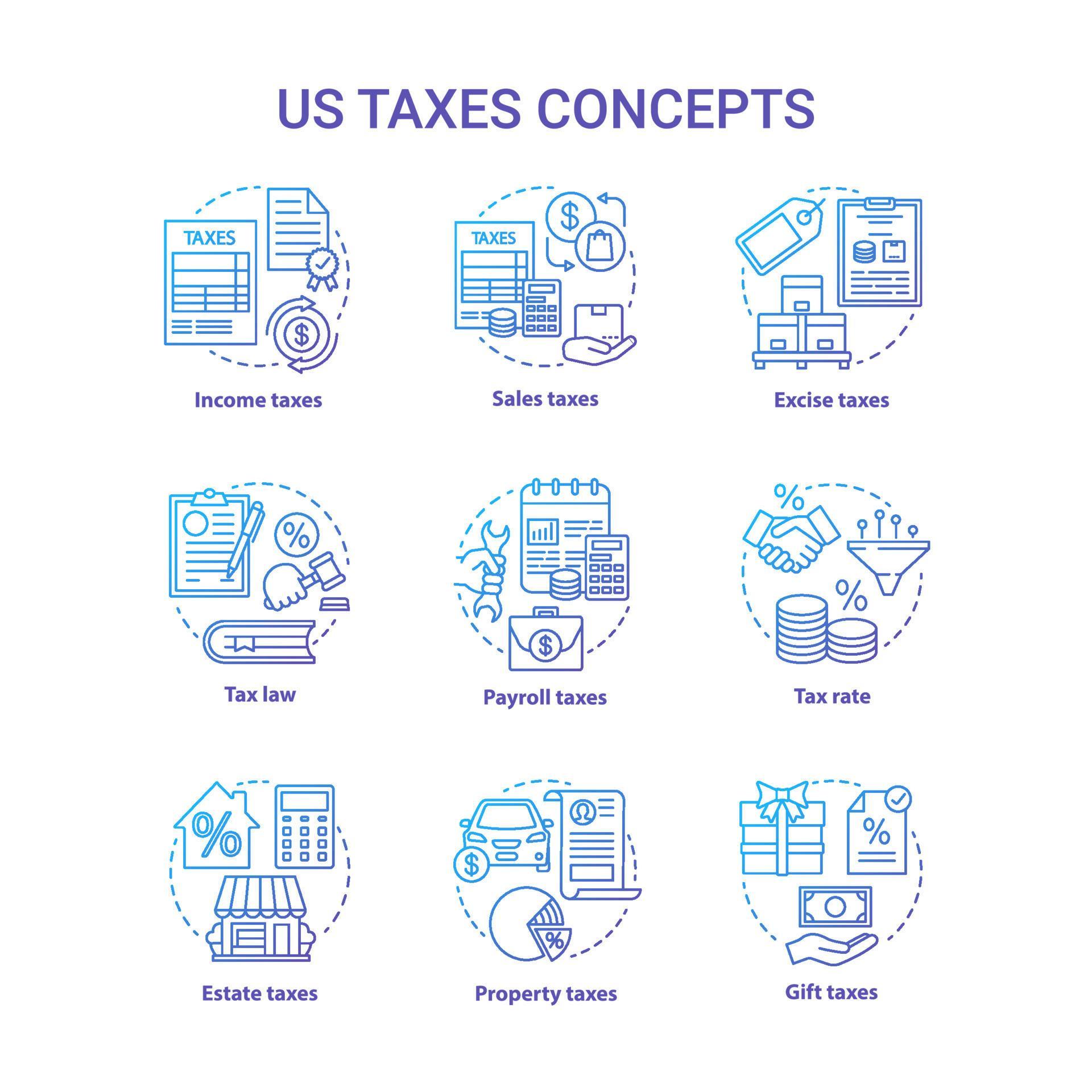 US taxes blue concept icons set. Percentage rate of taxation idea thin