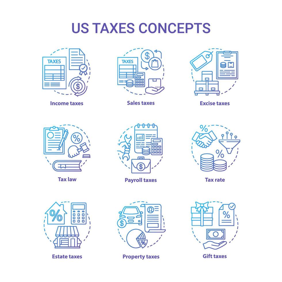 US taxes blue concept icons set. Percentage rate of taxation idea thin line illustrations. Income, sales, law, property, payroll, gift tax. Financial charge. Vector isolated outline drawings