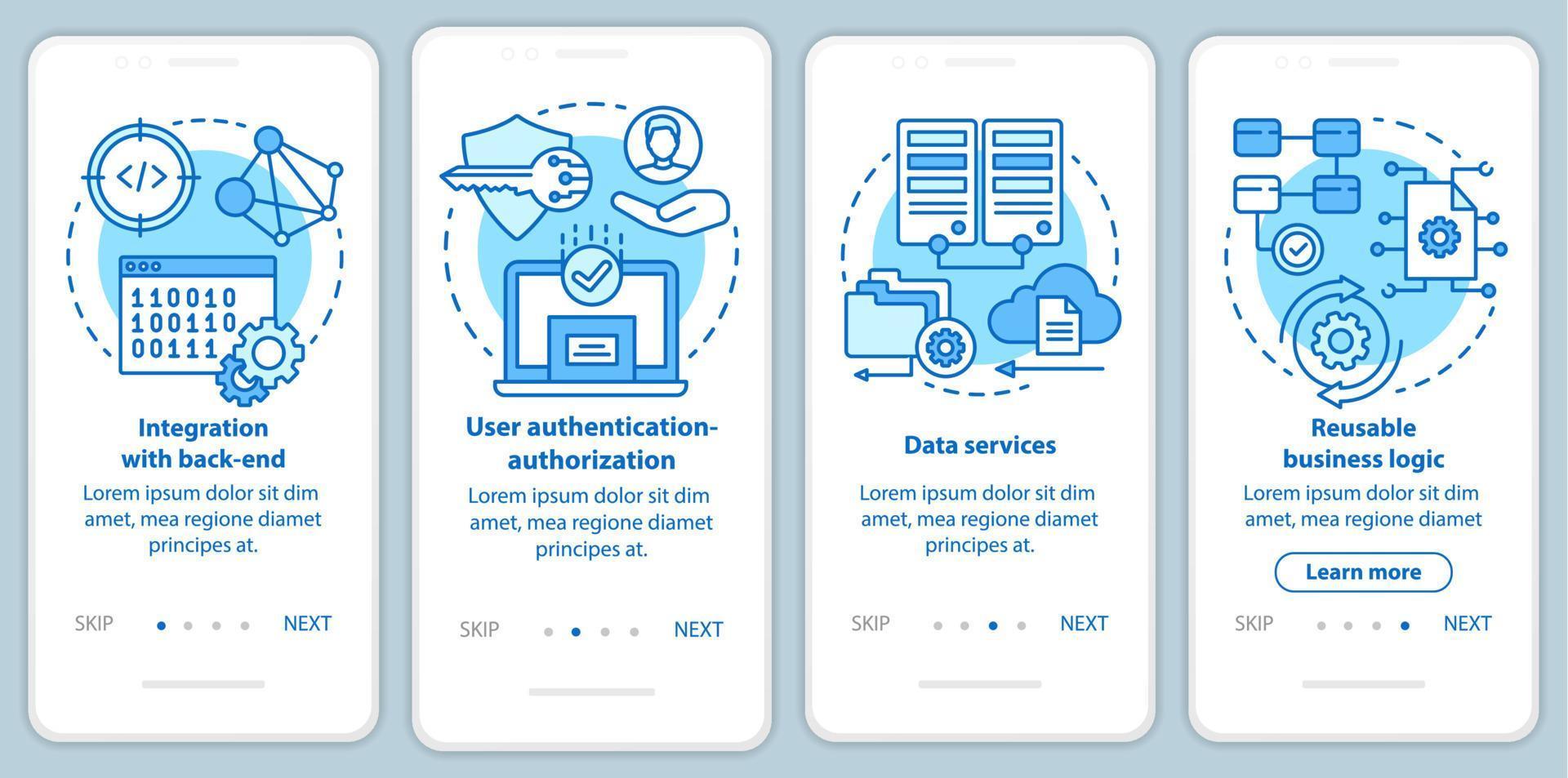 Software development onboarding mobile app page screen vector template. Application programming. Walkthrough website steps with linear illustrations. UX, UI, GUI smartphone interface concept